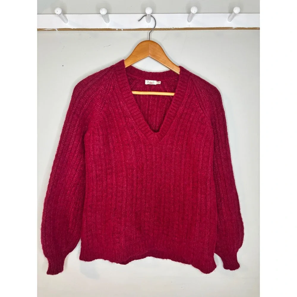 Faherty Sweater‎ Womens XS Magenta Baby Alpaca Wool Blend Ribbed V Neck